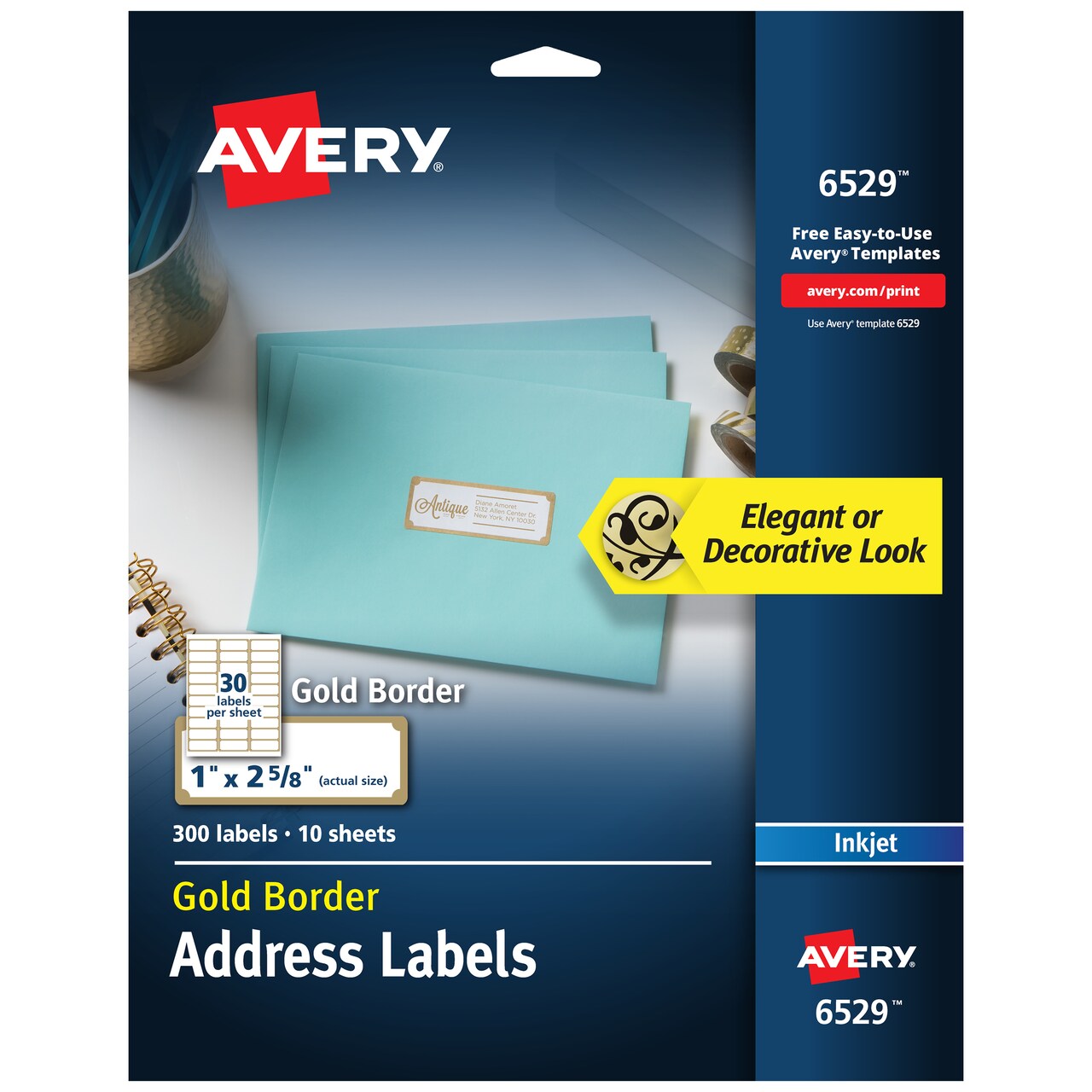 Avery Address Labels with Gold Border for Inkjet Printers, 1" x 2-5/8", 300 Labels (6529)